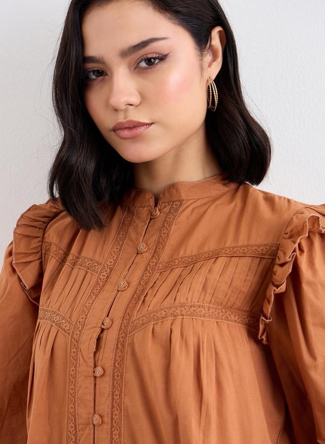 ستايلي بلوزة ستايلي بنية بكشكشة وتفاصيل دانتيل - Image 3