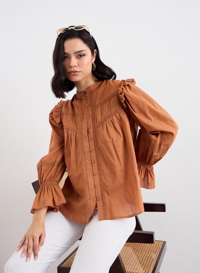 ستايلي بلوزة ستايلي بنية بكشكشة وتفاصيل دانتيل - Image 5