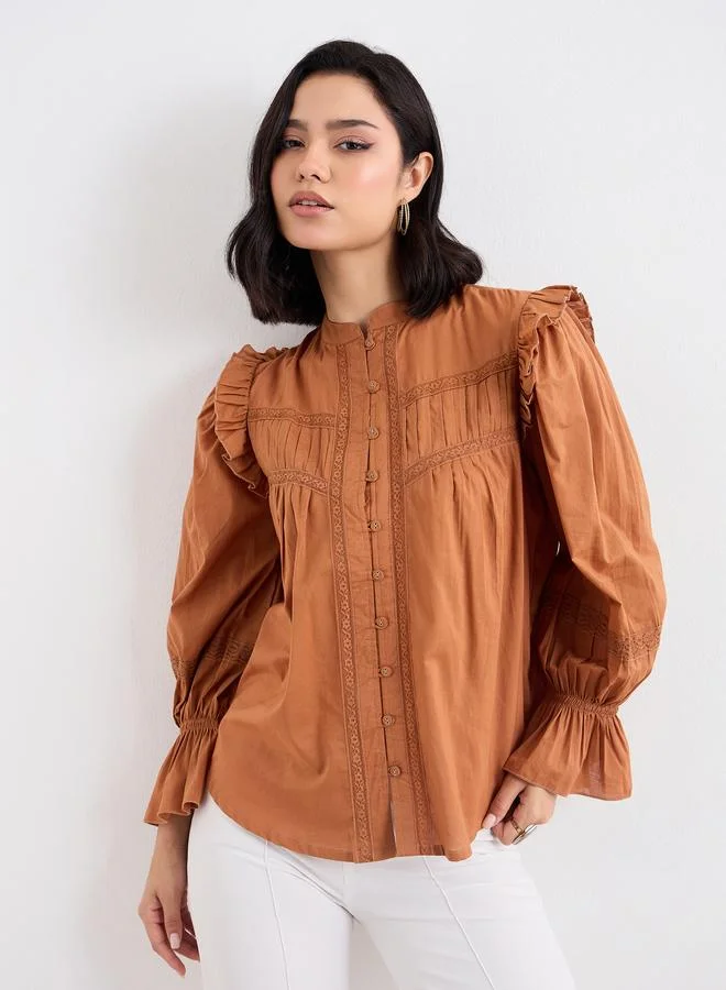 Styli Brown Ruffled Blouse With Lace Detail