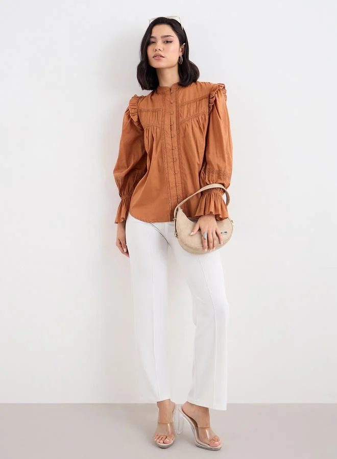 Styli Brown Ruffled Blouse With Lace Detail