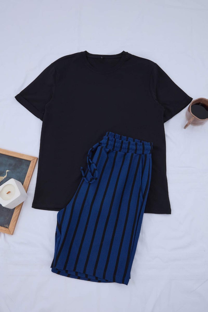 trendyol Navy Blue Regular Fit Striped Knitted Shorts Pajama Set Tmnss25Pt00029 - Image 3