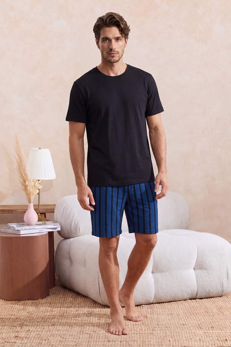 trendyol Navy Blue Regular Fit Striped Knitted Shorts Pajama Set Tmnss25Pt00029 - Image 1
