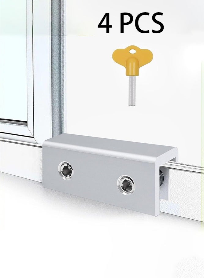 4 Sets Sliding Window Locks with Key, Window Locks, Aluminum Alloy Window Security Locks, Adjustable Security Window, Window Stoppers Aluminum (Silver) - Image 1