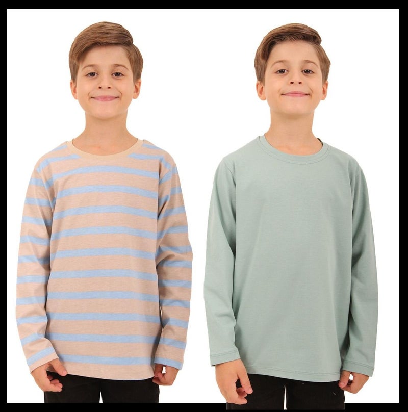 Perendi 2-Pack Crew Neck Long Sleeve Striped and Plain Unisex Kids Sweatshirt Light Blue-Beige  - Image 1