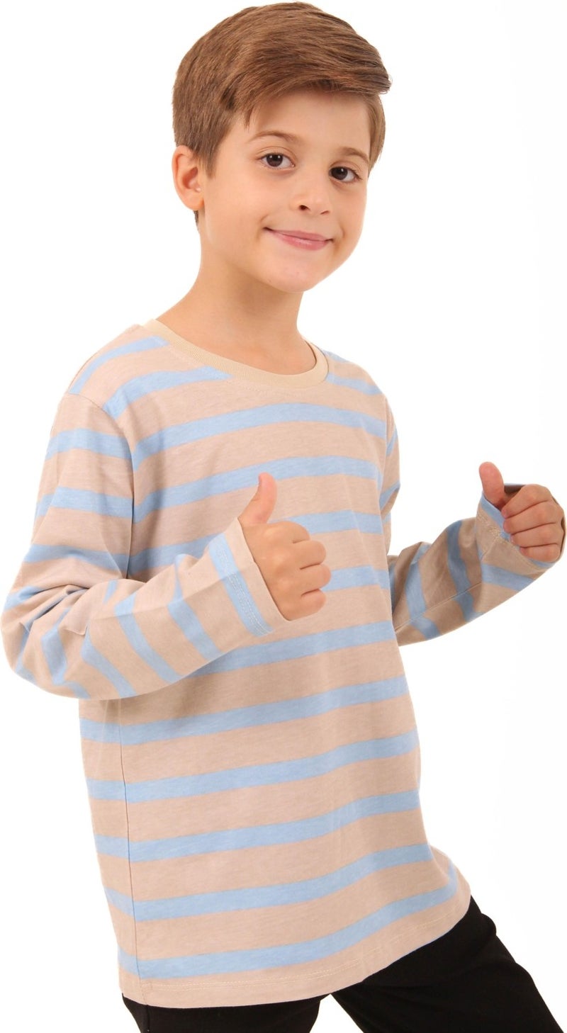 Perendi 2-Pack Crew Neck Long Sleeve Striped and Plain Unisex Kids Sweatshirt Light Blue-Beige  - Image 4
