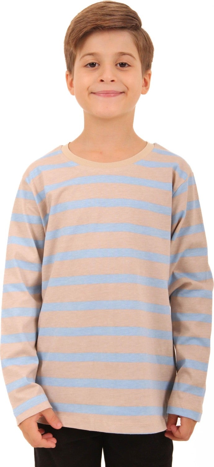 Perendi 2-Pack Crew Neck Long Sleeve Striped and Plain Unisex Kids Sweatshirt Light Blue-Beige  - Image 2