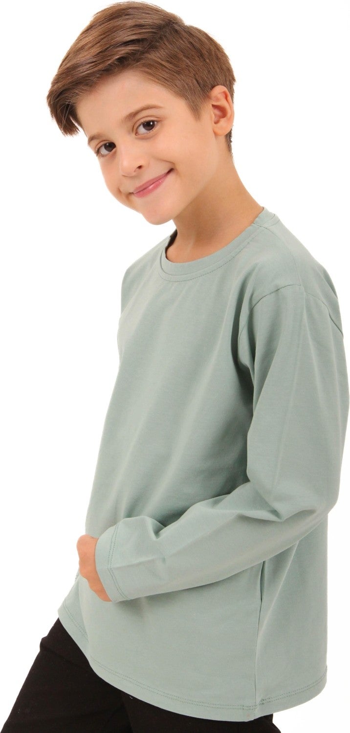 Perendi 2-Pack Crew Neck Long Sleeve Striped and Plain Unisex Kids Sweatshirt Light Blue-Beige  - Image 5