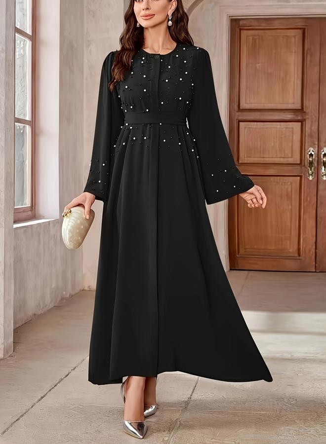 Take Two Black Faux Pearl Embellished A-Line Abaya - Image 2