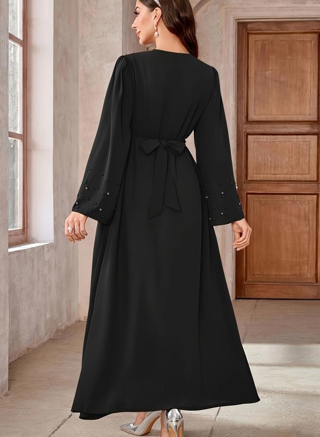 Take Two Black Faux Pearl Embellished A-Line Abaya - Image 3