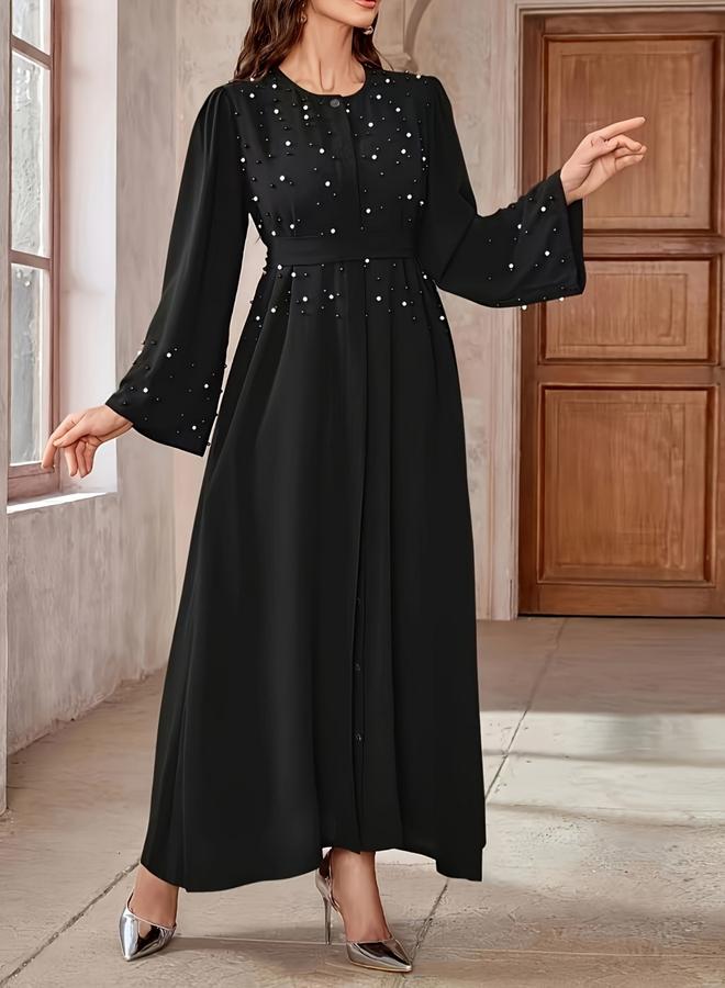 Take Two Black Faux Pearl Embellished A-Line Abaya - Image 4