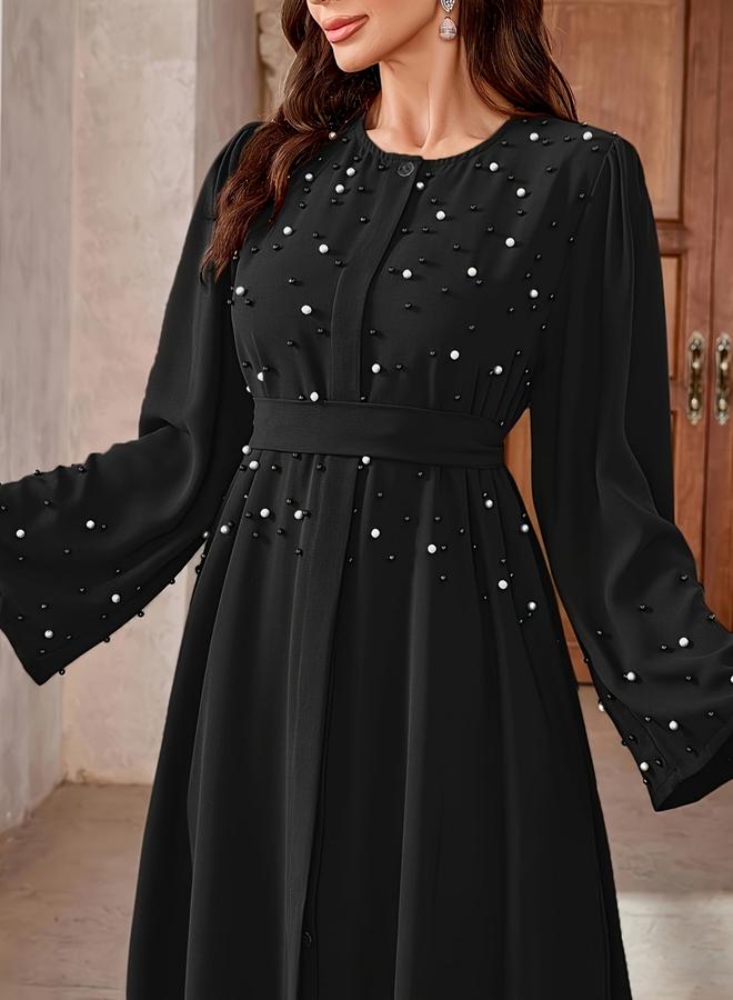 Take Two Black Faux Pearl Embellished A-Line Abaya - Image 1