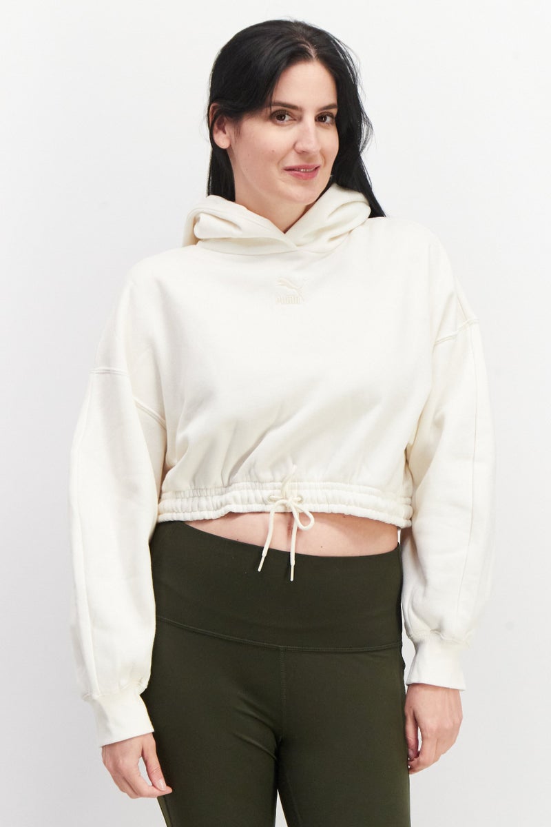 PUMA Women Sportswear Fit Brand Logo Training Crop Hoody, Cream - Image 1