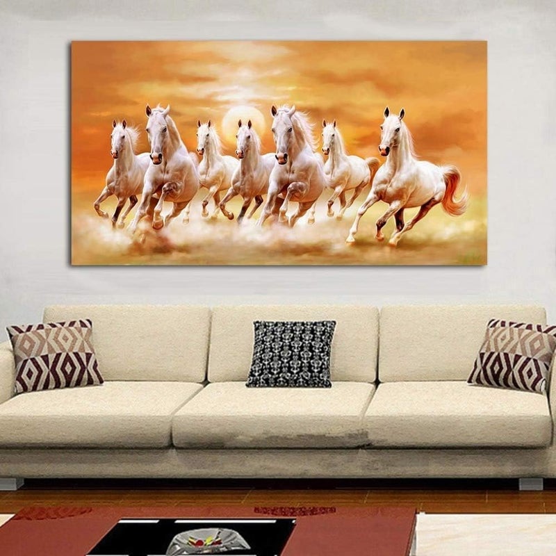اي ار اس لوحات ديكور منزلية من ARS Seven تصور سبعة خيول بيضاء تجري، مطبوعة على قماش، ملصقات وصور جدارية حديثة لغرفة المعيشة - ملصق غير مؤطر بحجم 40 × 80 سم. - Image 2