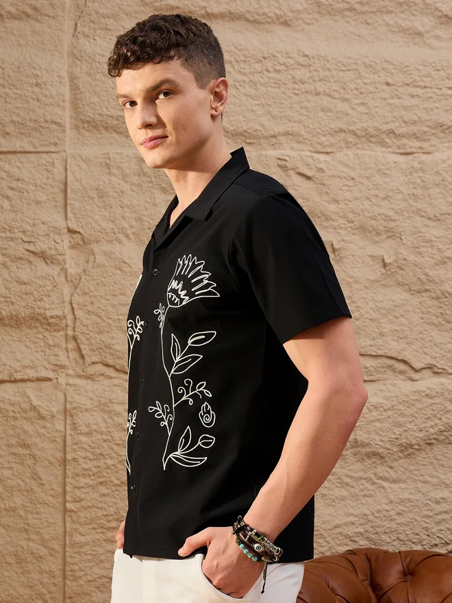 Take Two REPRISE Black Embroidered Pattern Casual Shirt