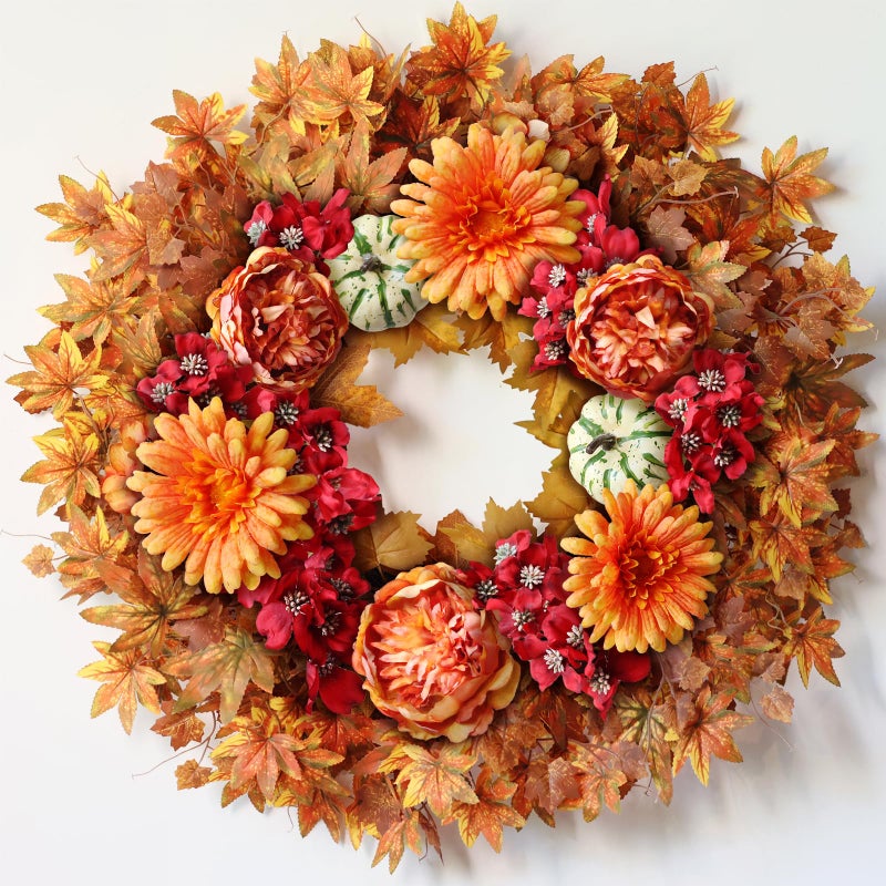 26 Fall Wreath for Front Door  Large Artificial Maple Leaves Fake Silk Peony Faux Pumpkin Outdoor Wreath for Porch WindowFarmhouseHomeThanksgiving Day Harvest Festival Autumn Decor
