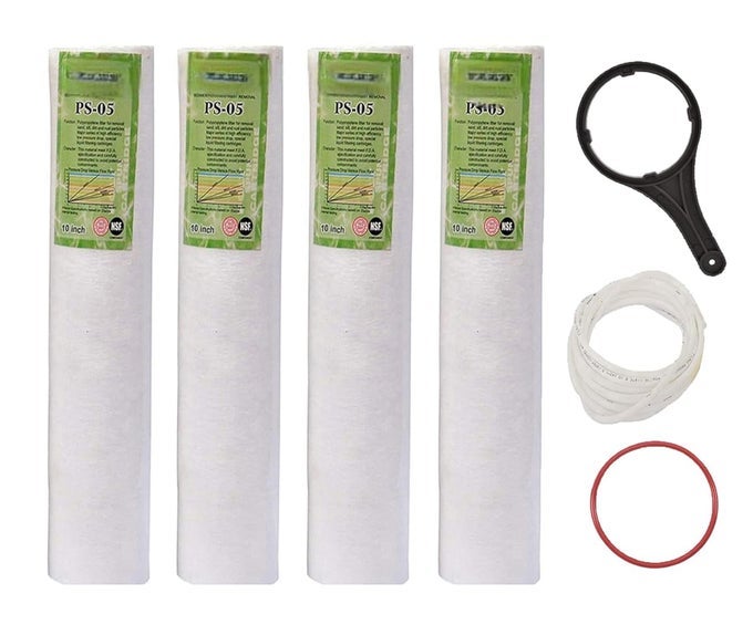 PP SPUN FILTER SPUN FILTER CARTRIDGE OUTER FILTER CANDLE 5 MICRON PRE FILTER CANDLE 10 INCH FOR ALL TYPE RO WATER PURIFIER 2MTR PIPE 1 O RING WITH SPANNER 4 PIECES