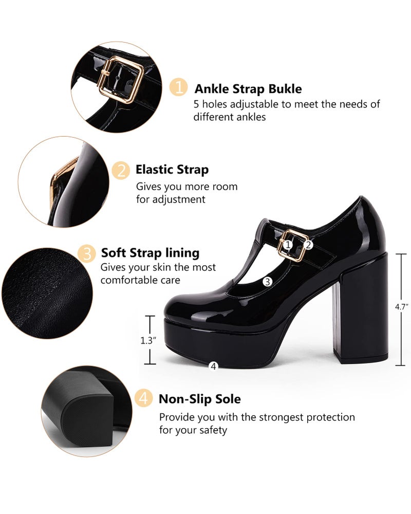 Coutgo Black Platform Heels for Women T-Strap Patent Chunky Heel Mary Jane Shoes - Image 3