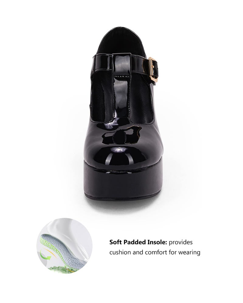 Coutgo Black Platform Heels for Women T-Strap Patent Chunky Heel Mary Jane Shoes - Image 4