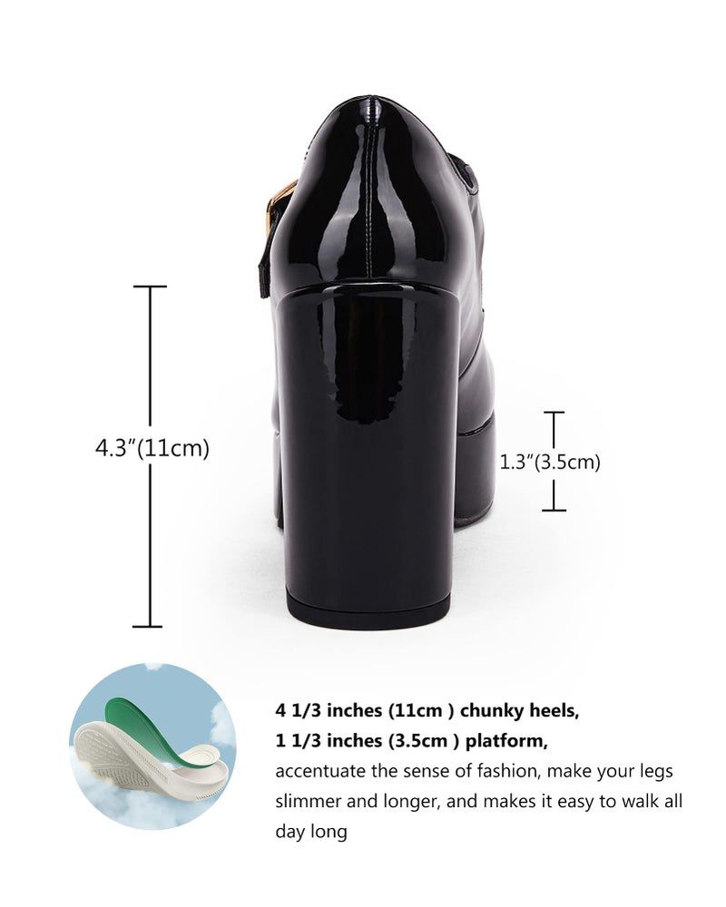 Coutgo Black Platform Heels for Women T-Strap Patent Chunky Heel Mary Jane Shoes - Image 5