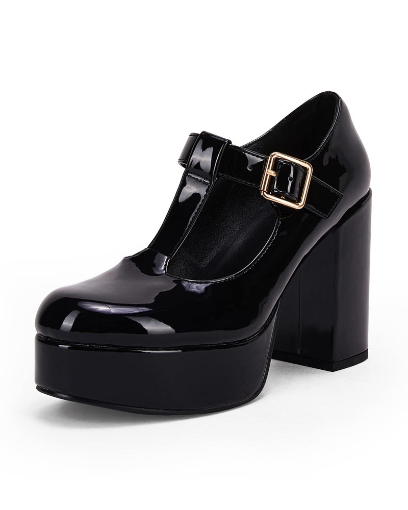 Coutgo Black Platform Heels for Women T-Strap Patent Chunky Heel Mary Jane Shoes - Image 1