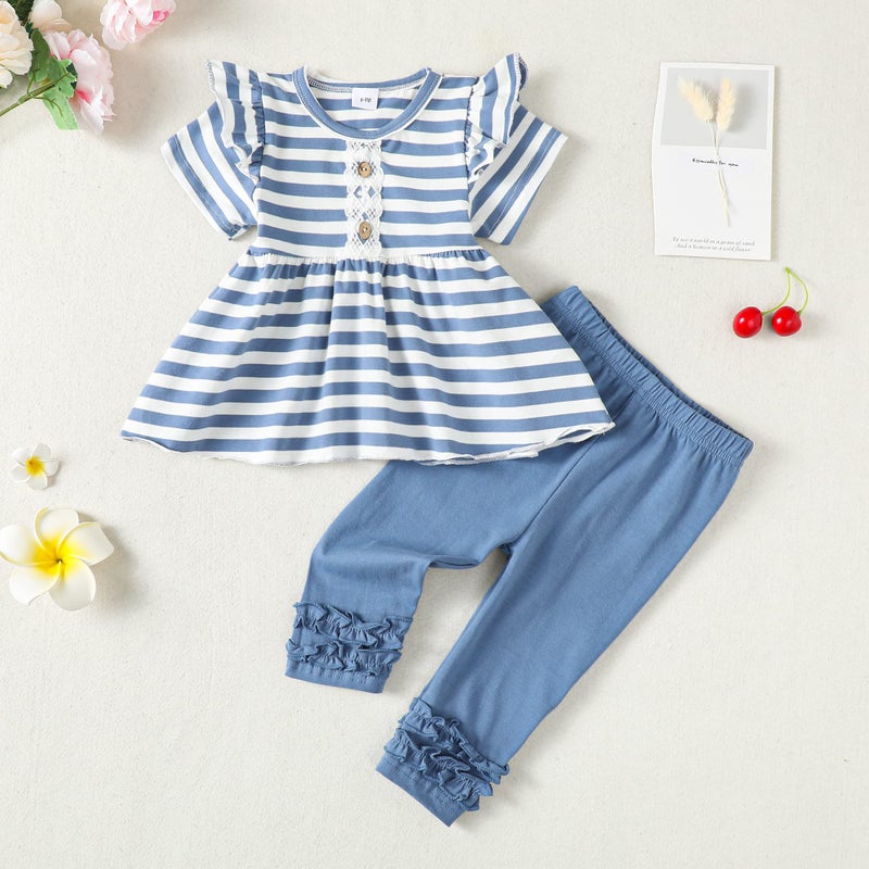 Saeaby Baby Girl Clothes Toddler Girl Cute Outfit Short Sleeve Ruffle Shirt Solid Pants Little Baby Girl Summer Clothes Cute Outfits for Girls 12-18 Months - Image 2