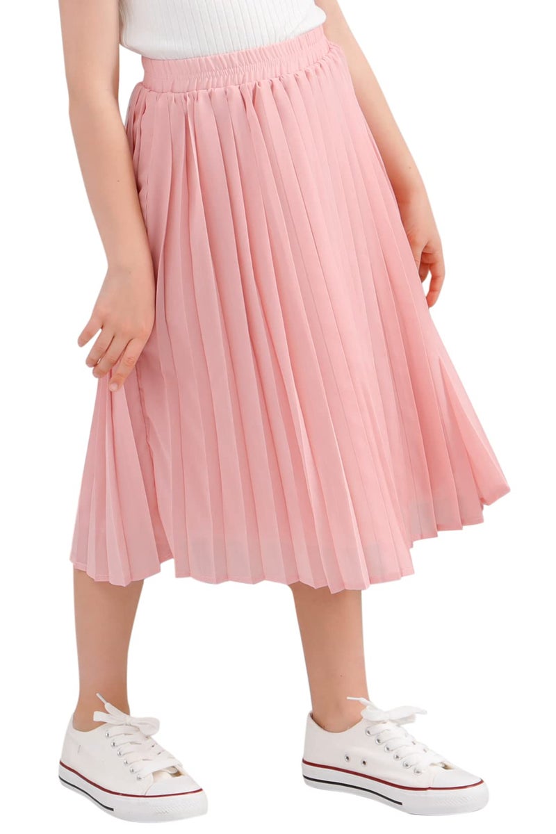 GORLYA Girls Chiffon Pleated Elastic High Waist A-Line Boho Swing Maxi Long Skirt 4-14T (GOR1115, 12Y, Pink) - Image 1