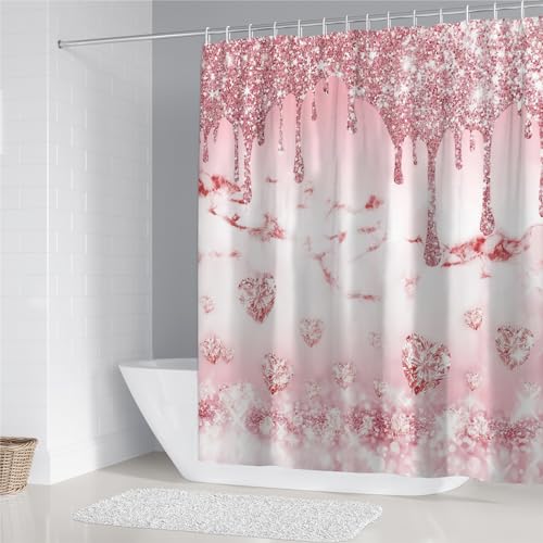 AZHM 4 Pcs Glitter Diamond Shower Curtain Sets Rose Gold Bathroom Decor Set with Shower Curtain and Rugs and Accessories Bling Modern Fashion Bathroom Curtain with 12 Hooks - Image 2