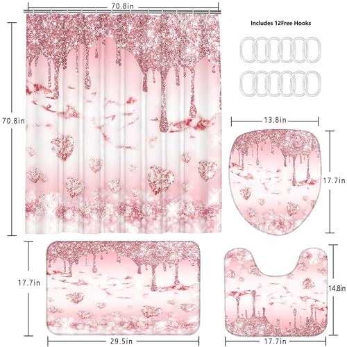AZHM 4 Pcs Glitter Diamond Shower Curtain Sets Rose Gold Bathroom Decor Set with Shower Curtain and Rugs and Accessories Bling Modern Fashion Bathroom Curtain with 12 Hooks - Image 5
