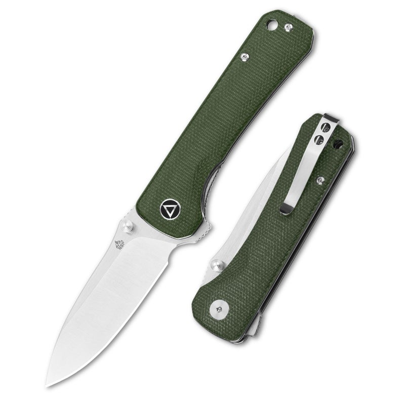 QSP Hawk Folding Pocket Knife, 3.22" Sandvik 14C28N Two Tone Satin Blade EDC Knife, Green Micarta Handle, Liner Lock, Ceramic Ball Bearings, SS Deep Carry Clip - Image 1
