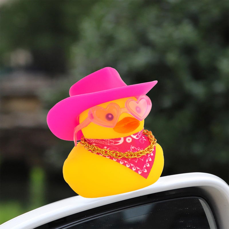 wonuu Car Rubber Cowboy Duck, Yellow Ducks Decoration Dashboard with Cowboy Hat Necklace Sunglasses, Pink - Image 2