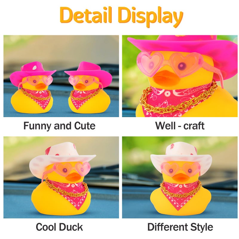 wonuu Car Rubber Cowboy Duck, Yellow Ducks Decoration Dashboard with Cowboy Hat Necklace Sunglasses, Pink - Image 4