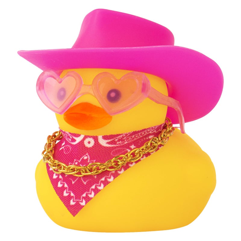 wonuu Car Rubber Cowboy Duck, Yellow Ducks Decoration Dashboard with Cowboy Hat Necklace Sunglasses, Pink - Image 1
