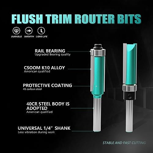 CSOOM 8PCS Router Bits , 4 Flush Trim Router Bits , 4 Pattern Flush Trim Router Bits , with 2 Impact Magnetic Bits , 6 Bearings , 2 Wrenches, Ideal for Cutting on Wooden Materials - Image 3