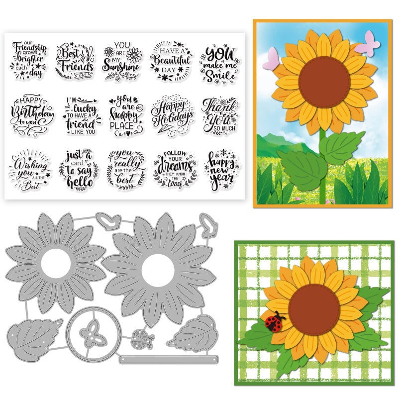 ORIGACH Sentiments Words Clear Stamp and Sunflower Cutting Dies Set for DIY Scrapbooking Album Decorative Card Making