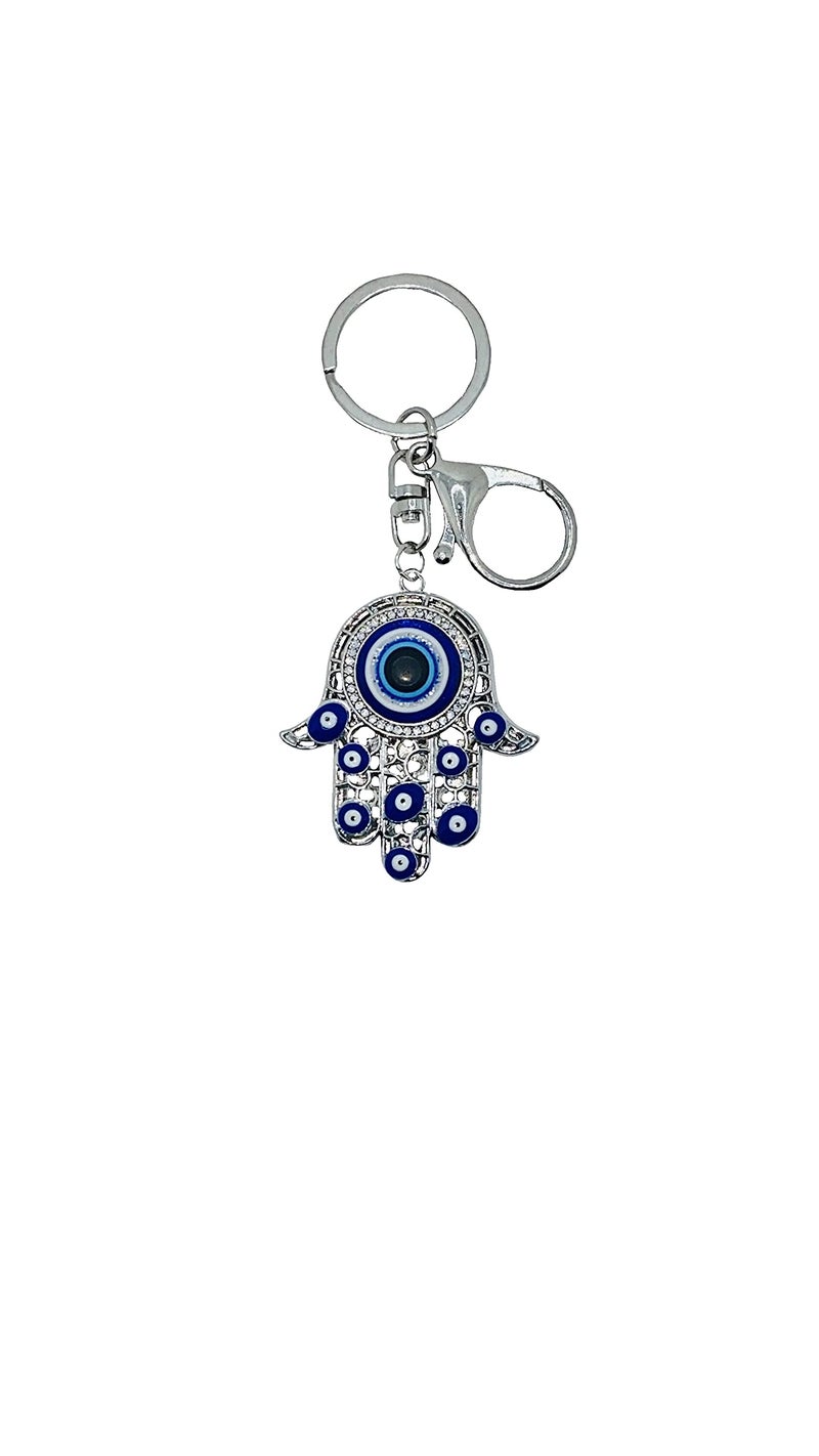 LUCKBOOSTIUM Hamsa Hand Amulet Keychain w/Crystal Rhinestones - Blue  White & Black Evil Eye Car Hanging Ornament - Rear View Mirror Accessories - Door  Wall  Bag Charms (Silver Keychain) - Image 1