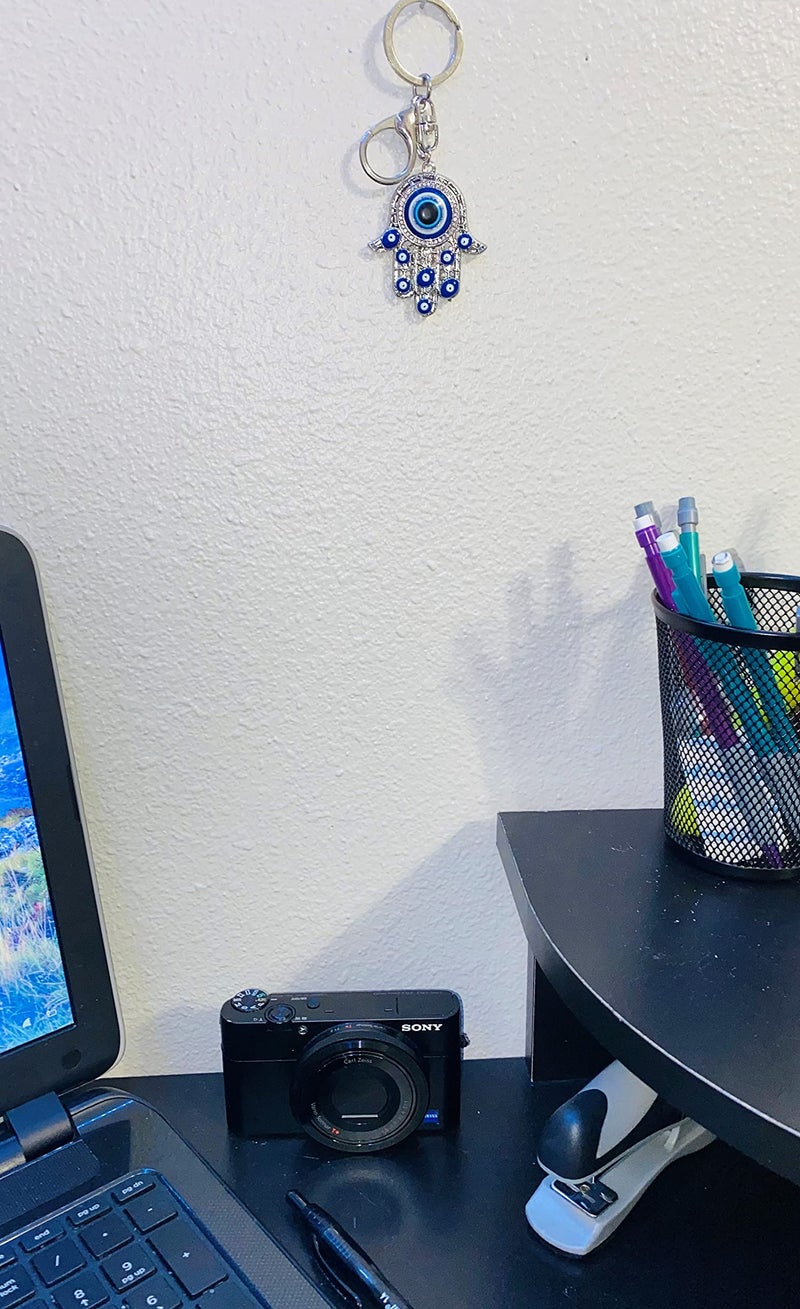 LUCKBOOSTIUM Hamsa Hand Amulet Keychain w/Crystal Rhinestones - Blue  White & Black Evil Eye Car Hanging Ornament - Rear View Mirror Accessories - Door  Wall  Bag Charms (Silver Keychain) - Image 3