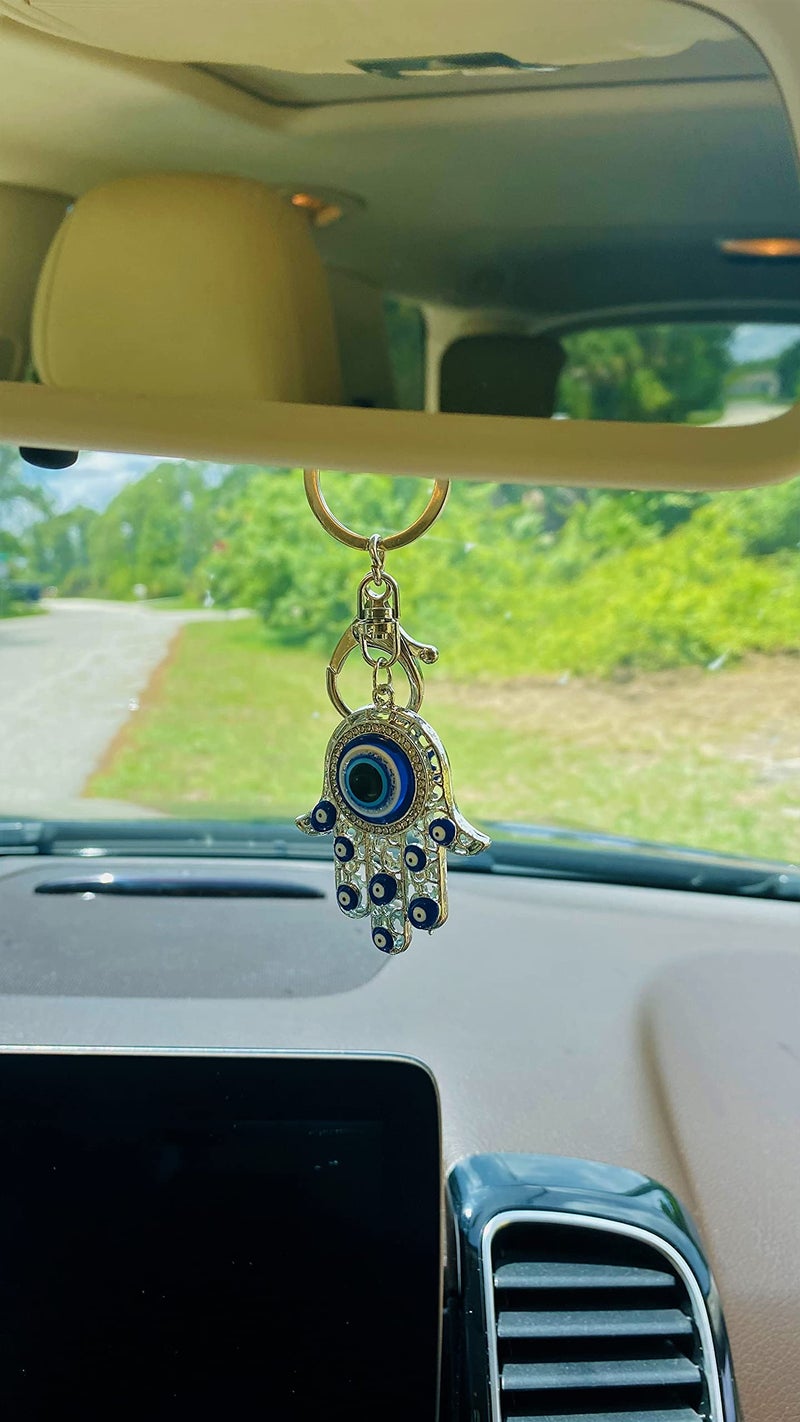 LUCKBOOSTIUM Hamsa Hand Amulet Keychain w/Crystal Rhinestones - Blue  White & Black Evil Eye Car Hanging Ornament - Rear View Mirror Accessories - Door  Wall  Bag Charms (Silver Keychain) - Image 5