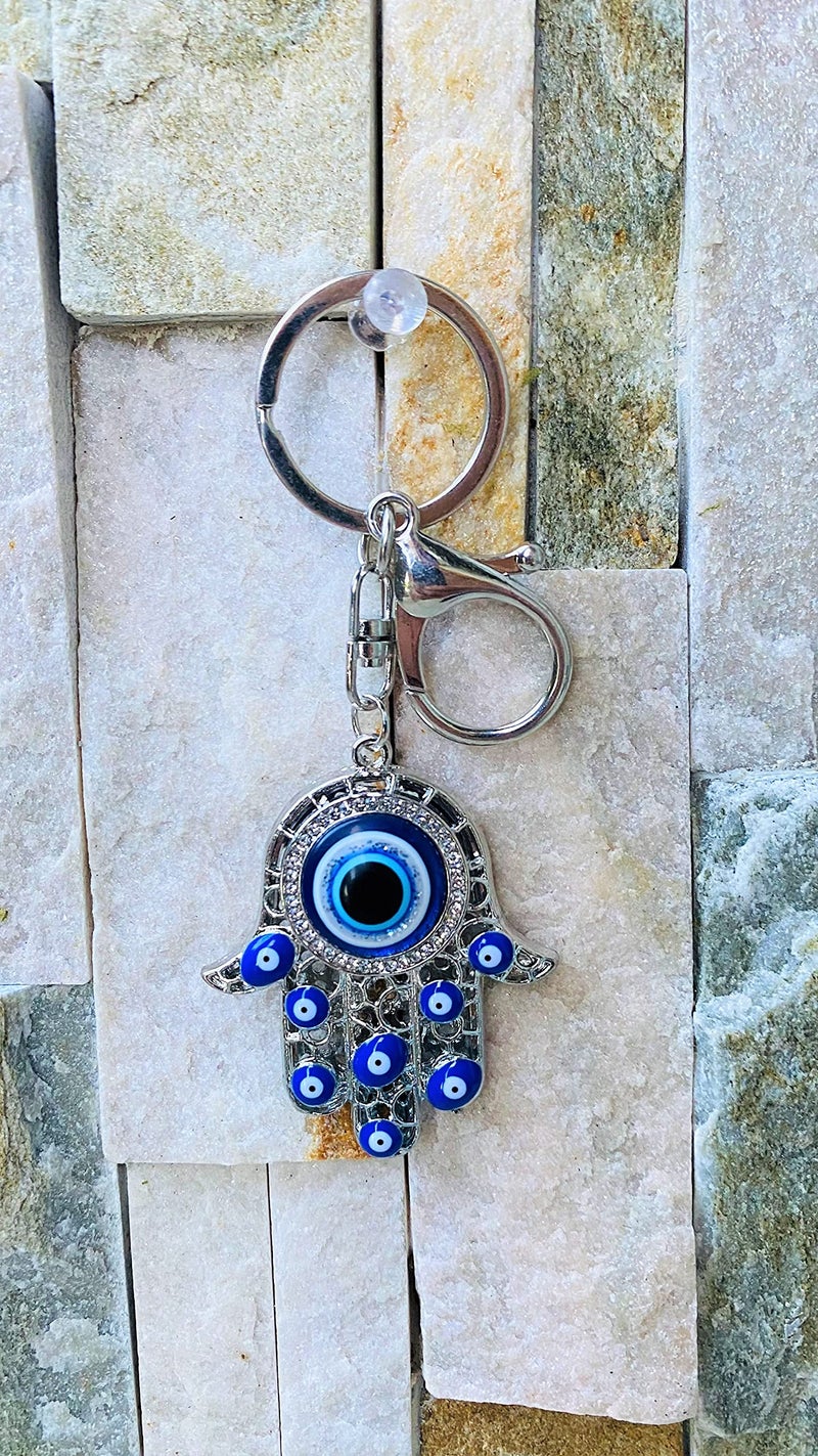 LUCKBOOSTIUM Hamsa Hand Amulet Keychain w/Crystal Rhinestones - Blue  White & Black Evil Eye Car Hanging Ornament - Rear View Mirror Accessories - Door  Wall  Bag Charms (Silver Keychain) - Image 4