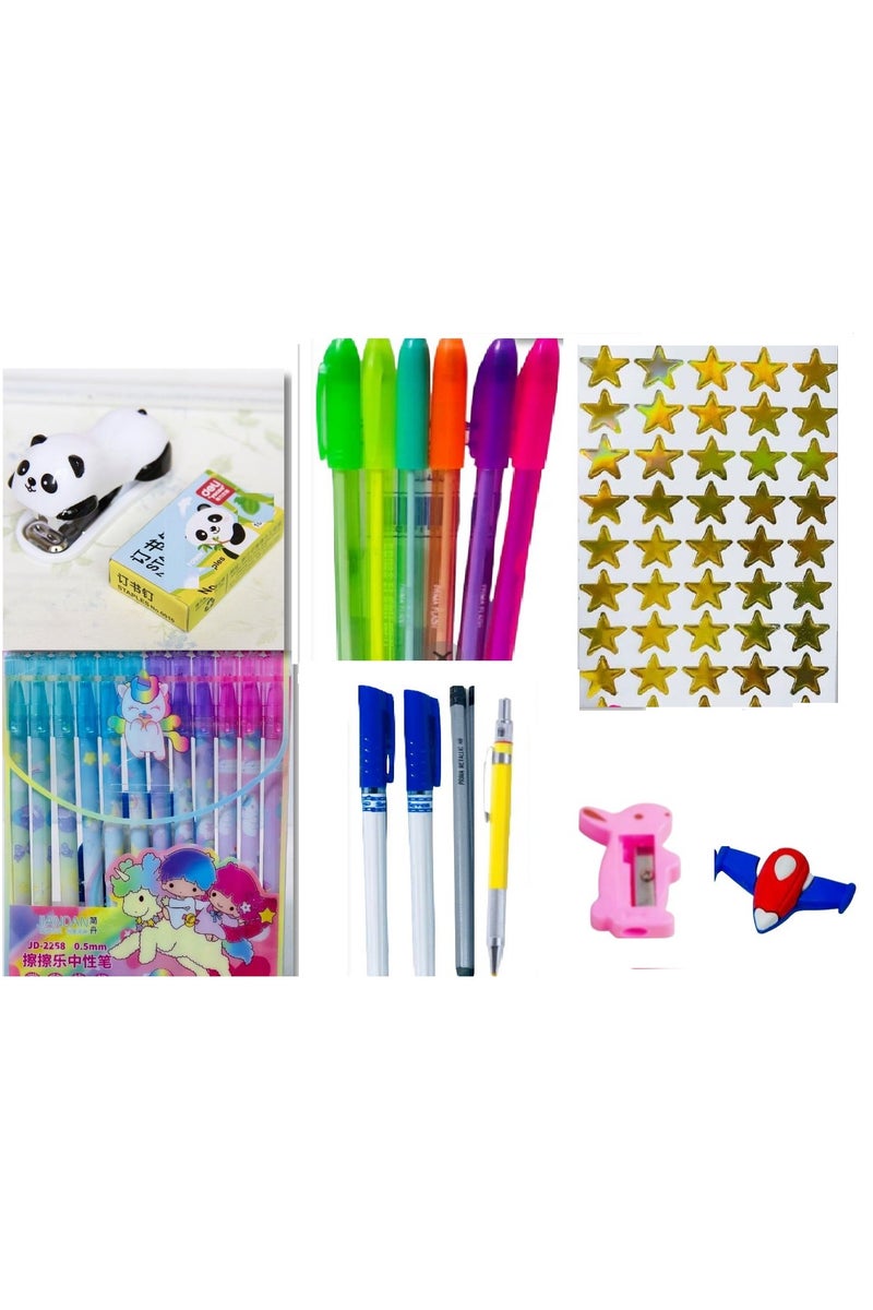 9-piece school supplies set (4 colored fluorescent pens - 12 erasable gel ink pens - eraser pen + mini office stapler and pins + laser star sticker + wooden pencil + 2 fine point pens + flying eraser + rabbit sharpener) - Image 1
