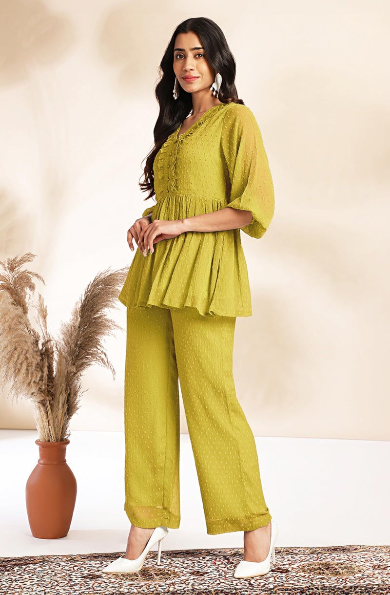 Janasya Women Dobby Chiffon Self Design Top & Pant Set Mustard Color Trending Outfit - Image 4