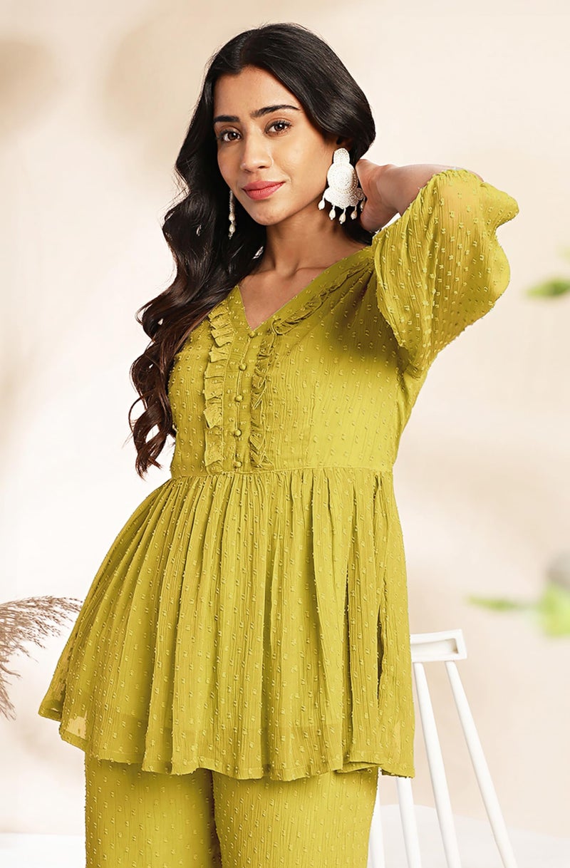 Janasya Women Dobby Chiffon Self Design Top & Pant Set Mustard Color Trending Outfit - Image 3