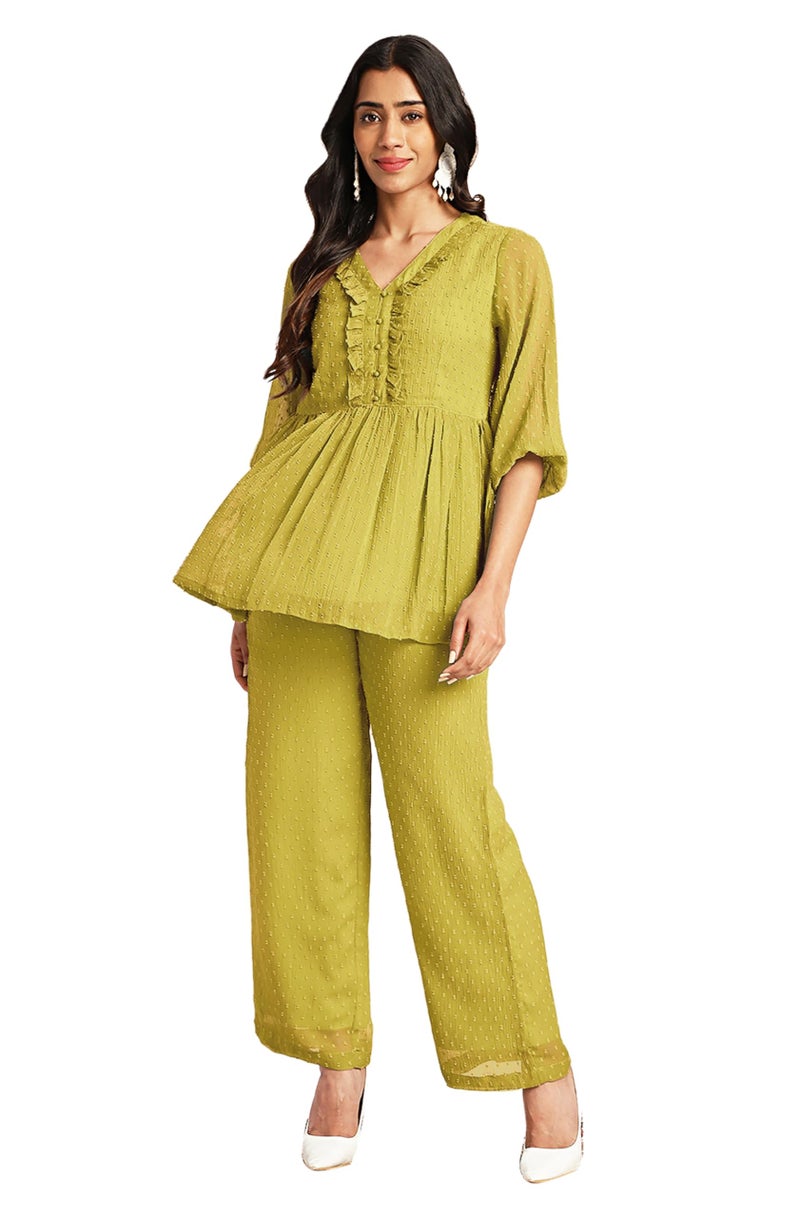 Janasya Women Dobby Chiffon Self Design Top & Pant Set Mustard Color Trending Outfit - Image 1