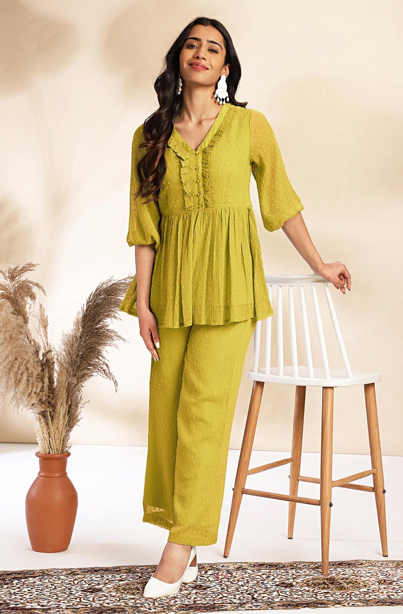 Janasya Women Dobby Chiffon Self Design Top & Pant Set Mustard Color Trending Outfit - Image 2