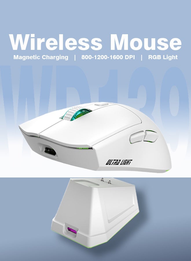 Wireless Bluetooth Gaming Mouse for Windows, Mac, IOS, Android, Computer Mice with USB Receiver, Lightweight Gaming Mouse with Magnetic RGB Charging Dock, 800/1200/1600 DPI, White