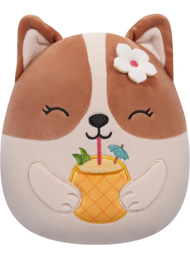 Squishmallows Squishmallows Regina The Brown and White Corgi with Pineapple Drink and Flower Plush Toy (19 cm)  - Image 1