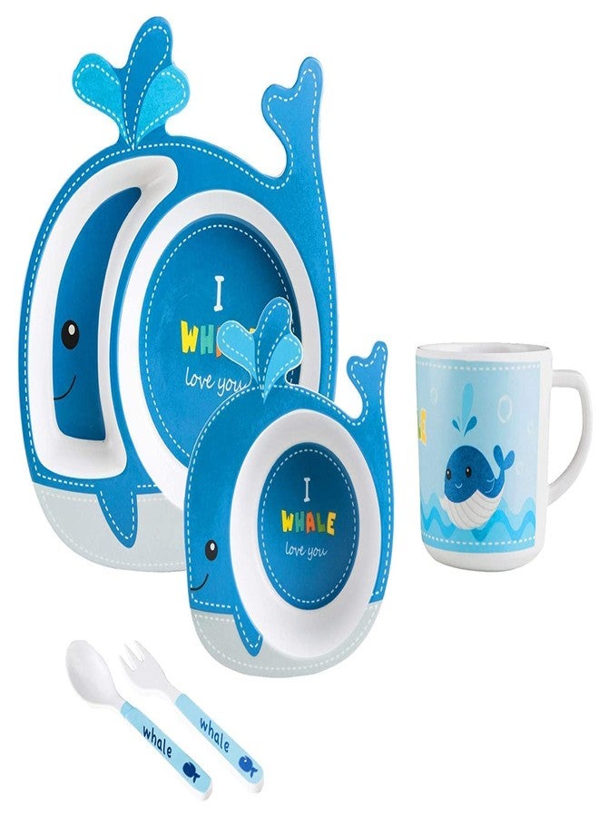 TORIOX طقم أدوات مائدة للأطفال من الخيزران من توريوكس، طقم عشاء صديق للبيئة من ألياف الخيزران للأطفال الصغار في مرحلة الفطام، طقم من طبق وكوب وشوكة وملعقة/أدوات تغذية للأطفال الصغار متعدد الألوان (حوت) - Image 1