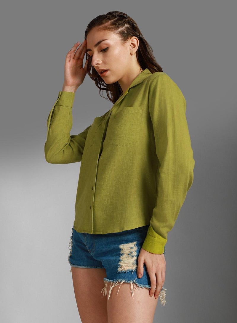 HIGH STAR Oversized Green Cuban Collar Shirt for Women, Casual Style - Image 2