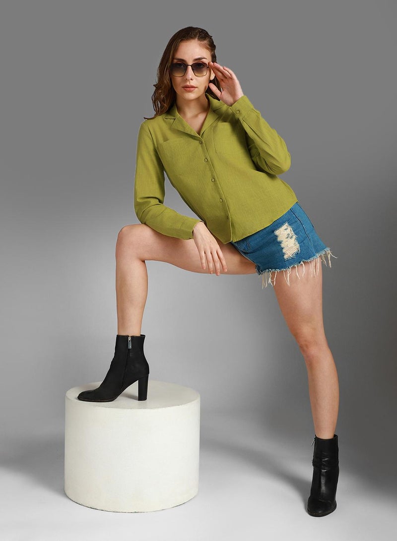 HIGH STAR Oversized Green Cuban Collar Shirt for Women, Casual Style - Image 5