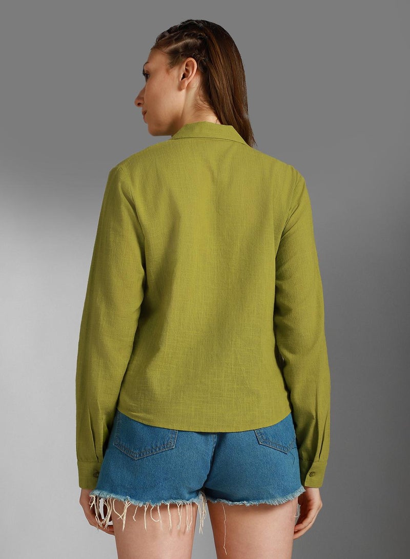 HIGH STAR Oversized Green Cuban Collar Shirt for Women, Casual Style - Image 3