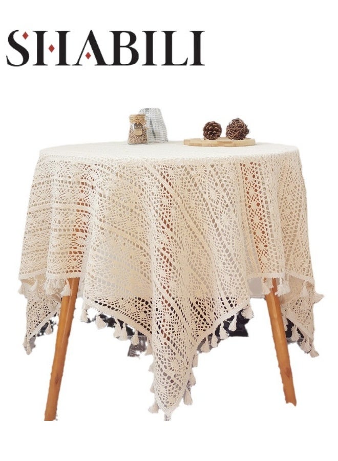 شبيلي مفرش طاولة مستطيل الشكل مقاس 120×120 سم، مفرش طاولة على الطراز الريفي، مفرش طاولة مقاوم للغبار وقابل للغسل، غطاء طاولة كلاسيكي لحفلات الزفاف والمنزل والمطبخ والمطعم (بيج) - Image 1